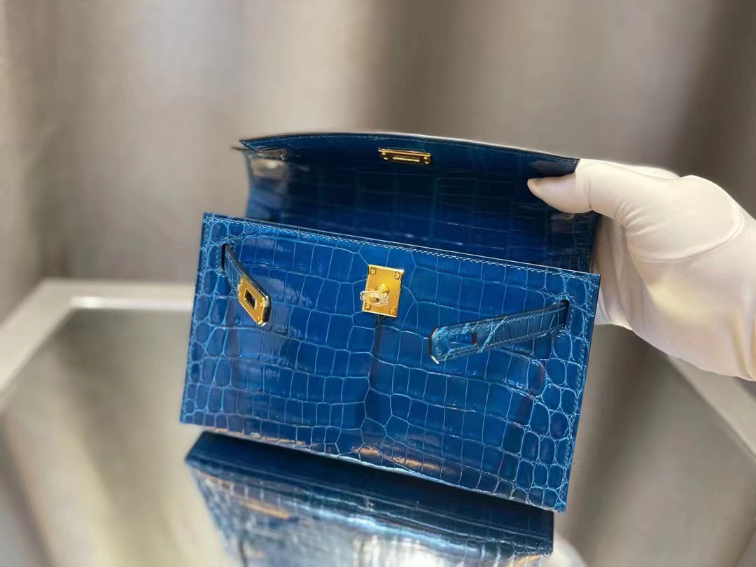 에르메스 켈리 포쉐트 블루 금장 샤이니 악어가죽